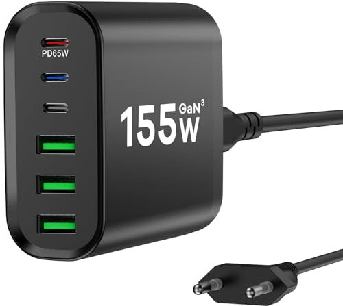 155W USB C Ladegerät Mehrfach, GaN III 6 Ports USB Ladegerät Mehrfach, 155W 6-Port Schnellladegerät Kompatibel mit MacBook Pro/Air, iPad Pro/Air, iPhone, Android etc