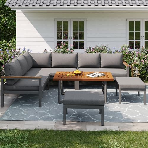 Merax 7-8 Seater Outdoor Garden Furniture Set – Grey L-Shaped Corner Sofa with Thick Cushions, Wooden Coffee Table & 2 Storage Stool Tables, Weather-Resistant Patio Lounge Set for Garden & Balcony