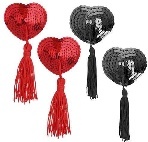 Sexy Cache-Tétons en Forme de Cœur avec Glands, 2 Paires Cache-Tétons Collants à Paillettes, Cache Teton Auto-Adhésif, Cache Teton Reutilisable, avec Glands,pour Accessoire De Fête De Couple