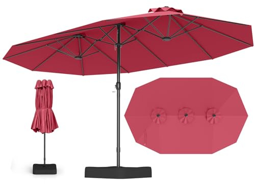 COSTWAY Parasol de Jardin Exterieur avec Pied, Parasol Double Face 4 M Rectangulaire pour 6-8 Personnes avec 2 Sacs de Sable, Manivelle, Ventilation, pour Terrasse, Patio, Piscine, Balcon, Bordeaux