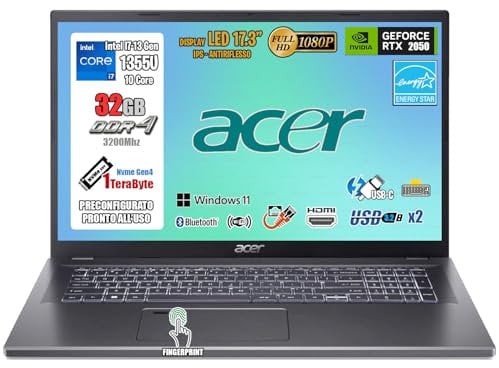 Acer Aspire 5 Pc Portatile 17,3, Notebook i7-1355u, RAM 32Gb, SSD 1Tb, Laptop con RTX 2050 (4Gb DDR6), FHD IPS 17.3, USB 3.2, Wi-Fi 6, Thunderbolt, FingerPrint, Win 11, Tastiera Retroilluminata