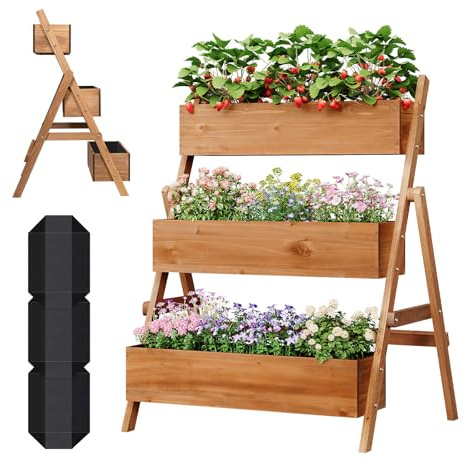 WOLTU Jardinière Surélevée, Étagère Escalier pour Plantes à 2/3 Niveaux avec Boîtes à Fleurs, pour Terrasse Balcon Jardin Intérieur Extérieur, 80x62x100 cm, en Bois, Marron