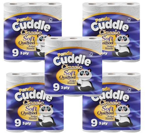 Tezraftaar® 45 x Toilet Tissue Paper Roll Panda Cuddle Classic Soft Quilted 3 Ply Tissue Paper 160 Sheets for Home Restaurants Camping Travelling Uses