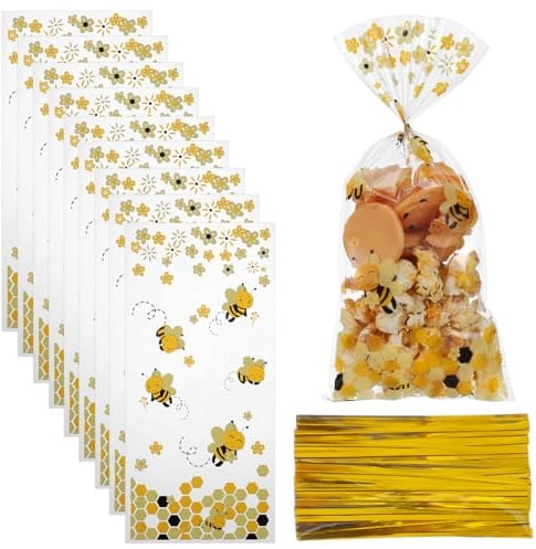 Ymapinc 50 Stück Bienen Zellophantüten mit 60 Verschlussbänd Durchsichtige Plätzchentüten OPP Kunststoff Geschenktüte für Verpacken von Keksen Süßigkeiten Mandeln (27 * 12,5cm)