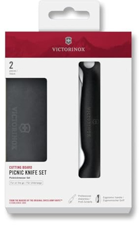 Victorinox Swiss Classic Faltbares Picknick-Messer und Schneidebrett, für Obst, Gemüse, Brötchen, Wellenschliff, Extra Scharf, Schwarz
