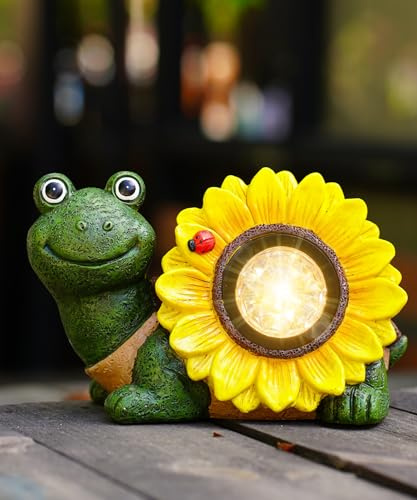 Yeomoo Solar Schildkröte Deko Figur mit Sonnenblume & Käfer Gartendeko Grün