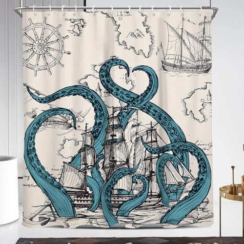Coxila Vintage Octopus Duschvorhang, extra lang, XL, groß, nautisch, Retro, lustig, Kraken, Monster, Ozean, Meer, Anime, Pirat, Cooler Horror, Segelboot, Karte, Herren, einzigartig, 183 x 213 cm
