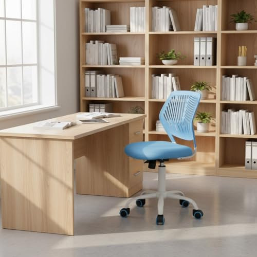 FurnitureR Schulstuhl ergonomischer Drehstuhl ohne Armlehnen, höhenverstellbar, Netzrückenlehne, Sitz 38x40cm, 32cm Rückenlehne, Metallfuß mit Rollen, 130kg Tragkraft, Blau