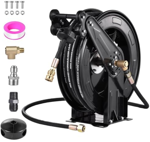 Avvolgitubo retrattile per idropulitrice, doppio braccio 4000 PSI | riavvolgimento automatico, 15 m x 1,5 cm per acqua/aria/olio, robusto avvolgitubo professionale in acciaio per idropulitrice