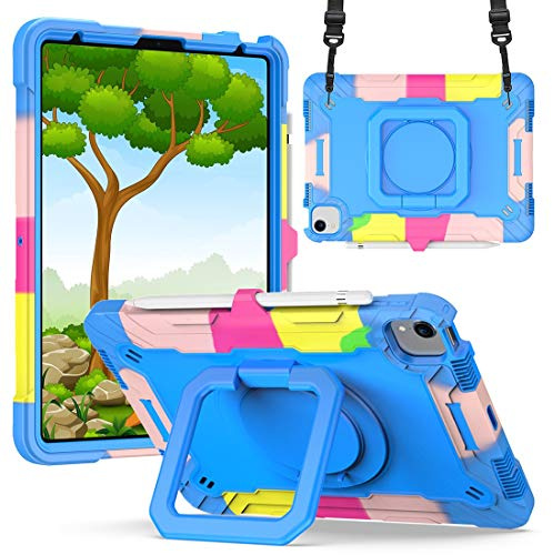 ADVDJBV Funda para Tableta Estuche For iPad Air 4 2020 Tres en uno a Prueba de Golpes Resistente a, a Polvo Rotación múltiples Funciones 360 ​​Grados(Rainbow+Blue)