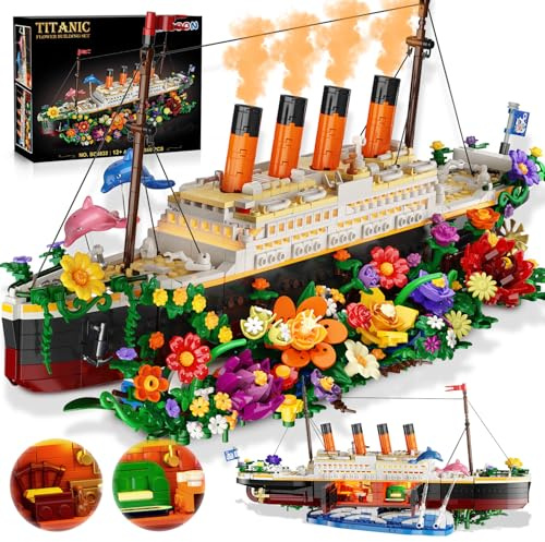 INSOON Titanic Blumen Klemmbausteine mit Licht für Erwachsene & Jugendliche | 1860 Teile Titanic-Schiffsmodell mit Blumen & Pflanzen, dekorative Bausteine, Geschenk für Jungen & Mädchen ab 12 Jahren