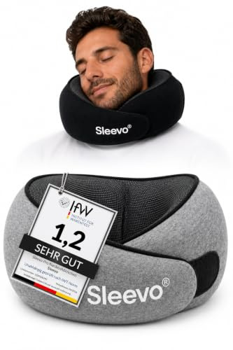 Sleevo Pro Nackenkissen (L) – Reisekissen Flugzeug, Memory Foam, Grau | Großzügiger Sitz, breite Halsform - Ergonomisches Nackenhörnchen, Nackenstütze, waschbar inkl. Tasche
