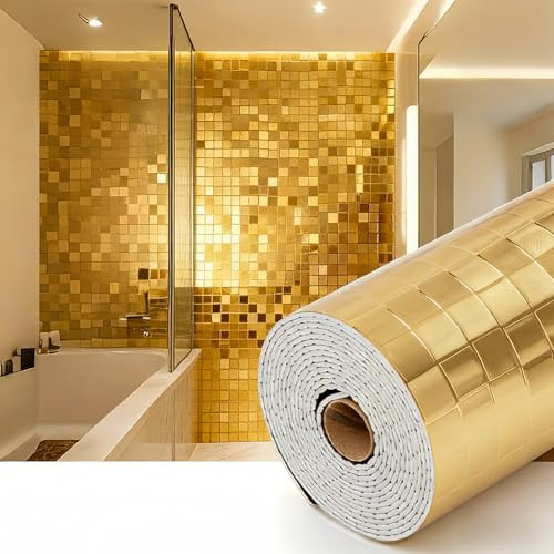 Camiraft 3D Mosaic Self-Adhesive Wallpaper Gold Bathroom Wallpaper Thermal Wall Paper for Bad Cold Walls -1 Rolls=1.2m² 2.2mm Thick Waterproof Splashbacks for Kitchen Bedroom Living Room
