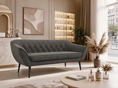 MKS MEBLE Sofa PIRS 3-Sitzer - Skandinavisches Design Couch, Gesteppte Polsterung, Wellenfederung, bequemes Polstersofa für Wohnzimmer - Schwarze Beine, Dunkelgrau Velvet