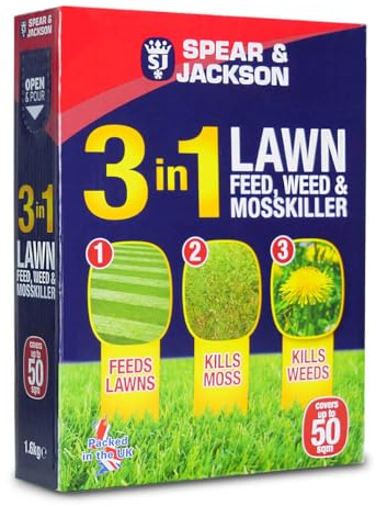 Jarder Spear & Jackson 3 in 1 Lawn Feed Fertiliser, Weed and Moss Killer, 1.6kg, Covers 50sqm
