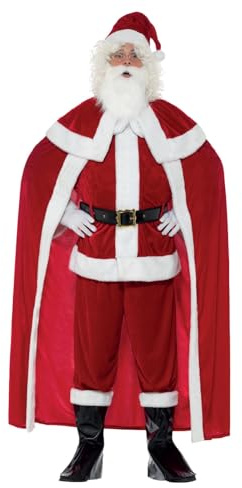 Smiffys Deluxe Santa Claus Costume with Trousers, Red Jacket, Cape, Belt, Bootcovers, Gloves,Beard & Hat, Christmas Adult Fancy Dress, Santa Dress Up Costumes