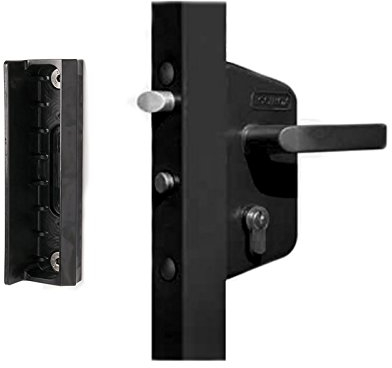 LOCINOX Serrure de porte de jardin noire LAKZ P1 (boîtier en polyamide et mécanisme en acier inoxydable) avec butée en polyamide SMKQF2 pour portails de jardin.