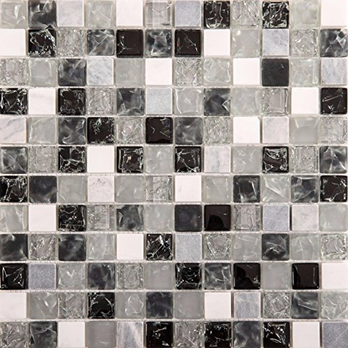 Black & Grey Crackled Glass & Stone Mixed Bathroom Kitchen Mosaic Tiles Sheet (MT0152) (1 Sheet)