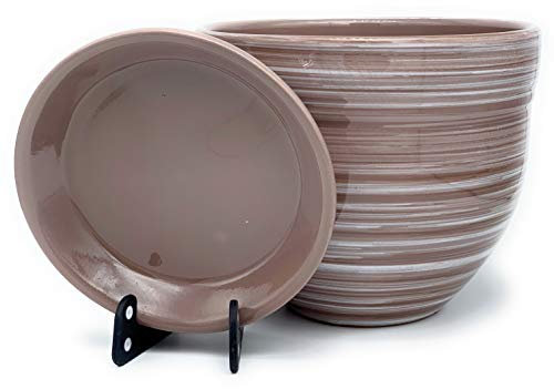 Sun Cakes Galla Pot de Fleurs Rond en céramique émaillée avec Soucoupe en Terre Cuite avec Plateau d'égouttement Couleur Argile 20 cm x 17 cm Marron