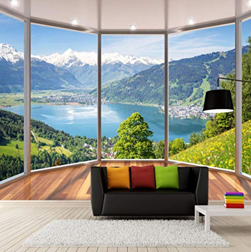 Fototapete 3D Effekt Tapete Fototapeten Vliestapete Wandtapete Moderne Wandbild Wand Schlafzimmer Wohnzimmer 3D Balkon Blick Auf Die Berge,350x245cm