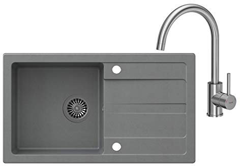 VBChome Grau 77 x 43,5 cm Granit Einzelbecken Einbauspüle Abtroffläche gesprenkelt reversibel Verbundspüle Küchenarmatur + Siphon + Spülmittelspender