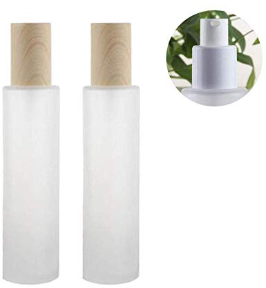 2PCS 120ml/4oz Empty Clear Frosted Glass Lotion Pump Bottle Jars with Wood Grain Cap Cosmetic Makeup Packing Storage Container Dispenser for Essential Oil Emulsion Essence Toiletries Toner Liquid