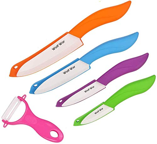 Wolf War keramikmesser, Keramikmesser Set mit Schutzhülle, Küchenmesser Set mit 4-teilig Messer und 1 Sparschäler, Kochmesser Sets für Fleisch, Obst, Gemüse- Weiß