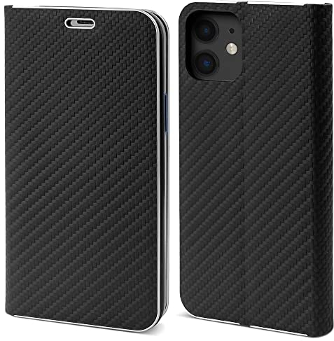 Moozy Hülle für iPhone 11, Schwarz Carbon – Metallischer Kantenschutz Klapphülle Handyhülle mit Kartenfach und Standfunktion