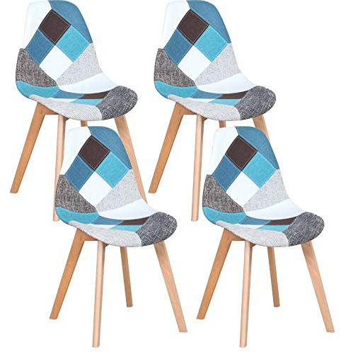 GrandCA HOME Pack de 4 Sillas de Comedor Sillas de Cocina, con Patas de Madera, Sillas de Tela Patchwork con Cojín de Asiento Acolchado, Azul