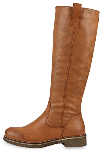 VAN HILL Klassische Stiefel Damen Schuhe Leicht Gefüttert Boots Profilsohle 149797 Hellbraun 39