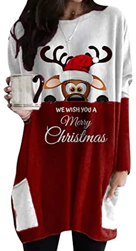 OMZIN Frauen Chrismas Jumper Oversize Pullover Long Tops Langarm T-Shirt mit Taschen Casual Xmas Sweatshirt Weißer roter AFFE S