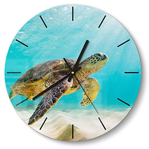 DEQORI Glasuhr | rund Ø 30 cm | Motiv Schildkröte unter Wasser | ausgefallene leise Design Uhr aus Glas | Wanduhr für Wohnzimmer & Küche | moderne Hingucker Uhr für die Wand