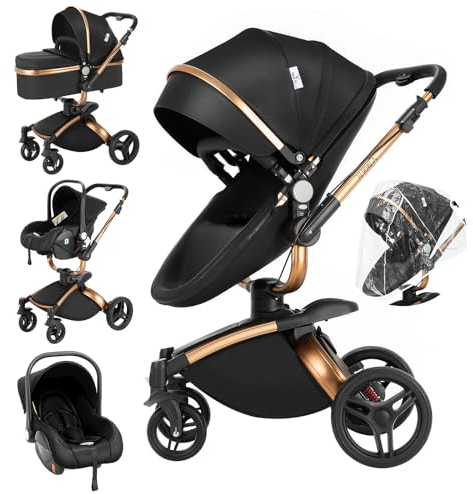 Magic ZC 360° Rotative Cuir PU Poussette 3 en 1, Pousette Bebe avec Mode Double Réversible, Poussette Combinée Cadre en Alliage d'aluminium, Pousette Citadine Nacelle Grande Pliable (906 Black)