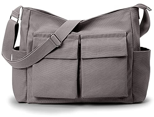 KALIDI Canvas-Tragetasche, Kuriertasche, große Crossbody-Tasche für Damen oder Herren, lässige Canvas-Umhängetasche für College, Arbeit, Alltag, GRAU