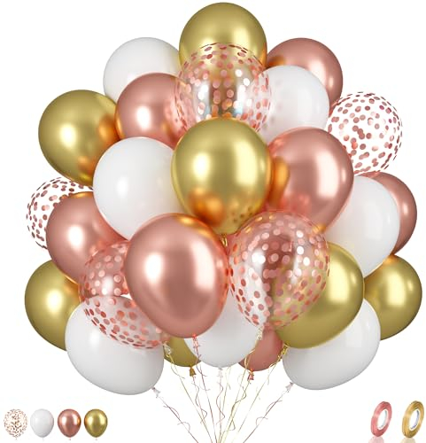 Biapian Rose Gold Balloons Set, 60PCS Rose Gold Birthday Balloon, 12 Inch Metallic Gold White Latex Balloons Confetti Balloon for Women Birthday Wedding Supplies