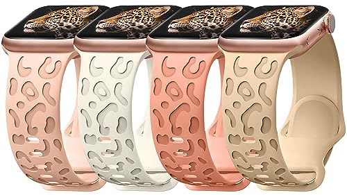 Chinbersky 4 Pezzi Cinturino Compatibile con Apple Watch 38mm 40mm 41mm, Silicone Flessibile Incisione Leopardo per iWatch Series 8/7/6/5/4/3/2/1/SE Uomo Donna