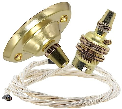 Repaireum Ltd. Vintage Styled Ceiling Pendant Kit incl. Polished Brass Effect Rose, B22 Bulb Holder and 3 Core Classic Ivory Braided Twisted Flex