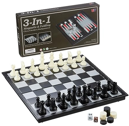Relaxdays Schachspiel, 3-in-1 Reisespiel für Schach, Dame & Backgammon, magnetisch, BT: 32x32 cm, klappbar, schwarz/weiß