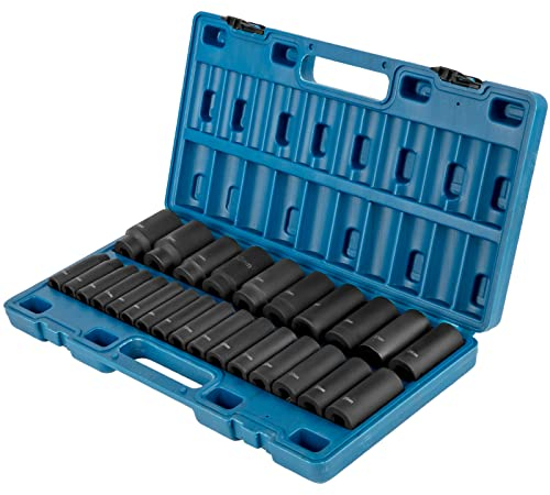 VEVOR Juego de vasos de impacto de 1/2, 26 piezas, vasos de impacto métricos de 10-36 mm de profundidad, acero de aleación Cr-V de 6 puntos, con estuche de transporte, para reparación de automóviles