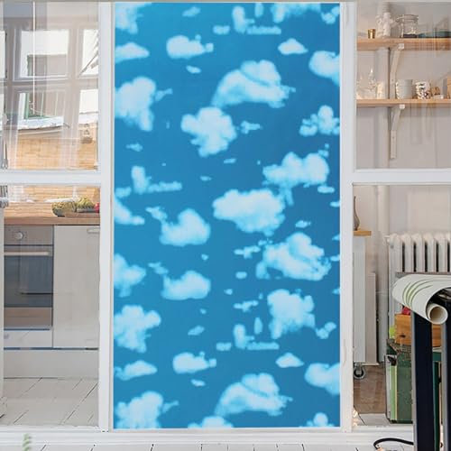 Fensterfolie Motiv Blauer Himmel Und Weiße Wolken 3D Fensterfolie Blickdicht Glasaufkleber Statisch Selbsthaftend Ohne Kleber Uv Schutz Fensterfolie Milchglas 45x100cm
