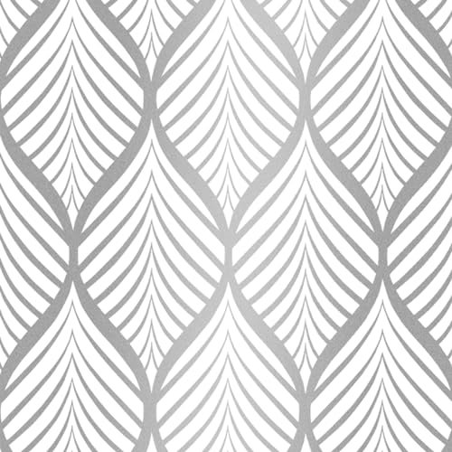 Ohmywor Silver and White Geometric Wallpaper Self Adhesive Wallpaper Silver Strip Effect Peel and Stick Wallpaper Sticky Back Plastic for Living Room Bedroom Decor 44.5x600CM