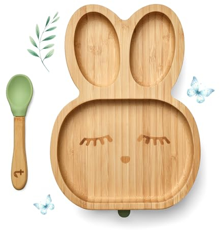 Tiggi Bamboo Baby Plate from Suction Weaning Plate for Easy Mealtime | Strong Grip for Less Mess | Bamboo Suction Plates Baby (Rabbit, Soft Mint)