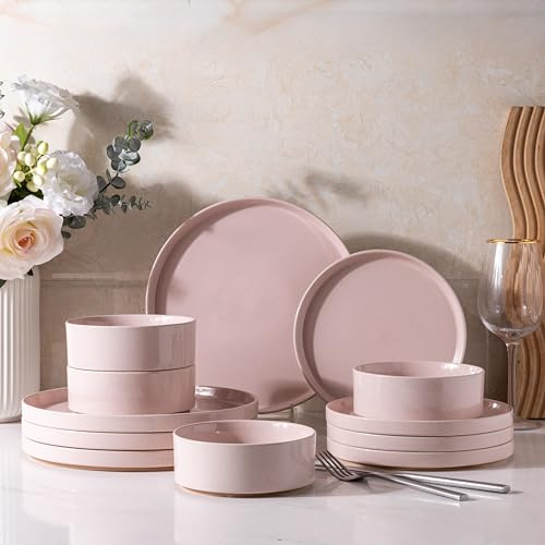 AmorArc Juego de vajilla de cerámica para 4 personas, platos y cuencos de gres moteado con terracota sin esmaltar, resistente a los arañazos, apto para lavavajillas y microondas, 12 piezas, color rosa