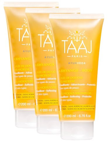 TAAJ | Gelée de Douche Délhicieuse - ABHYANGA | Corps | Nettoie la Peau en douceur | Peau Douce, Souple & confortable | Tous types de peaux | Vegan & Sans Huile Essentielle | Lot de 3x200 ml