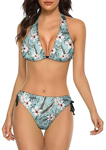 Oudrspo Banana Monstera Palm Leaves Damen-Bikini-Sets, weißer Tiger, Neckholder, String, Dreieck, Badeanzug, Bademode, Badeanzug
