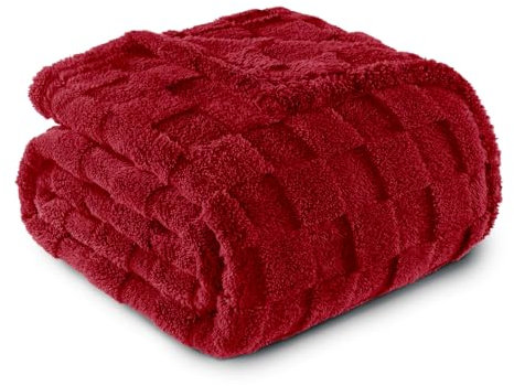 Exclusivo Mezcla Kuscheldecke Fleece-Decke, Superweiche 3D Karierte Sofadecke, Flauschige Decke für alle Jahreszeiten, 130 x 150 cm, Weinrot