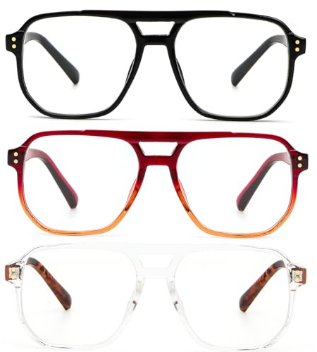 KoKoBin 3 Pack Oversize volo Cerniera a molla Vintage Occhiali da lettura da uomo e da donna Quadrato Anti Luce Blu Computer Reader (3 Pack, 1.5, Diottria)