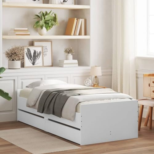 Homgoday Bett mit Schubladen Stauraumbett Bettgestell Holzbett Bett Einzelbett Bettrahmen Schubladenbett ohne Kopfteil Gästebett Jugendbet Weiß 90x190 cm