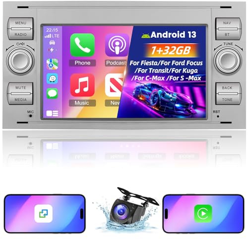 Android 13 Autoradio para Ford Transit Fiesta Focus Galaxy Mondeo Fusion para Kuga C-MAX S-MAX Connect con Carplay&Android Auto - 7 Pulgadas Radio Soporte WiFi GPS SWC + Backup Camera&Mic 1+32G