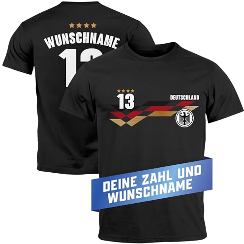 MoonWorks® Herren T-Shirt Trikot EM 2024 Deutschland Frontprint und Backprint personalisiert mit Name Fanshirt schwarz XL